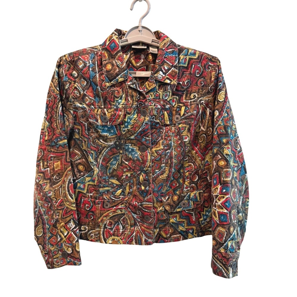 Chicos Aztec Geometric Print Button Front Jacket Womens Size 1 Medium Multicolor